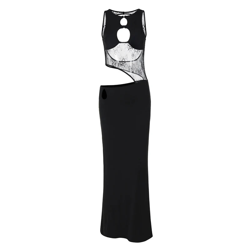 Hollow Out Sleeveless Sexy Maxi Dress For Women Black O Neck See Through Lace Backless Bodycon Club Long Dress Fashion