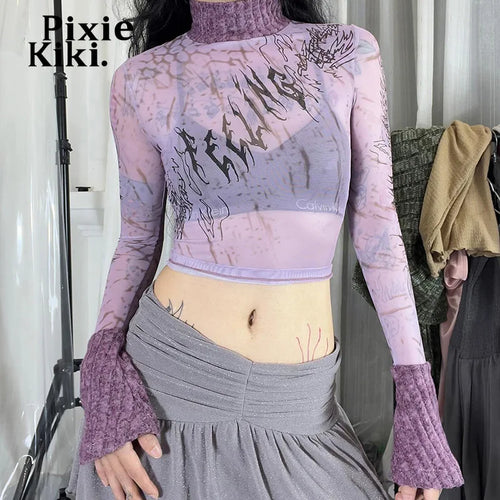 Load image into Gallery viewer, Purple Print Patchwowk Knit Mesh Sheer Crop Top Trashy Y2k 2000s Tshirt Long Sleeve Trendy Clothes for Woman P85-BC12
