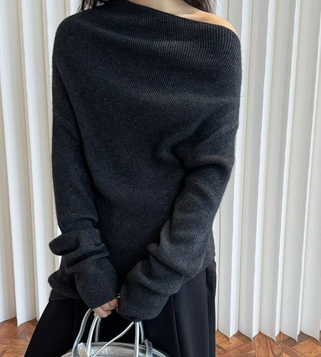 42% Wool Elegant Knitting Sweater Skew Collar Long Sleeve Women Pullovers New Fashion Tide Spring Autumn 2025 1DH9240