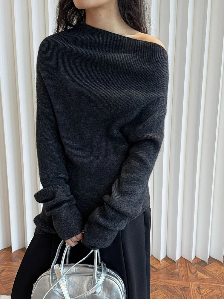 42% Wool Elegant Knitting Sweater Skew Collar Long Sleeve Women Pullovers New Fashion Tide Spring Autumn 2025 1DH9240