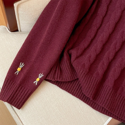 Load image into Gallery viewer, Korean Retro Women's Blue Embroidery Round Neck Vacation Twists Knit Sweater Autumn Winter Red Long Sleeve Fashion Pullover Tops
