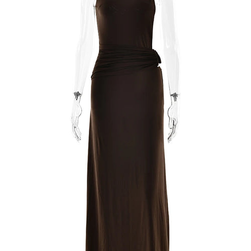 Load image into Gallery viewer, Oblique Shoulder Sleeveless Ruched Maxi Dress For Women Gown Elegant Metal Rings Backless Bodycon Long Dresses Vestidos
