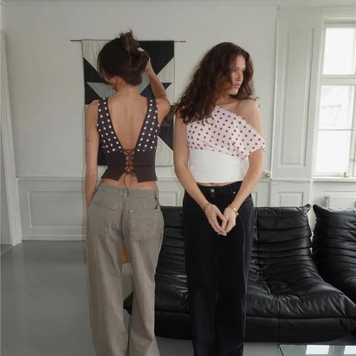 Load image into Gallery viewer, Backless Polka Dot Crop Tops Women Vest Fashion Summer New Oblique Shoulder Sleeveless Tank Tops Pullovers Female
