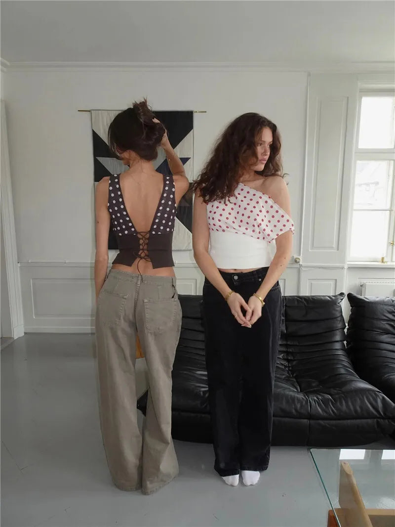 Backless Polka Dot Crop Tops Women Vest Fashion Summer New Oblique Shoulder Sleeveless Tank Tops Pullovers Female