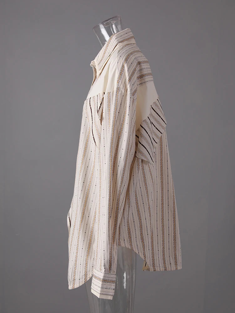 Women  Apricot Striped Irregular Big Size Blouse New Lapel Long Sleeve Shirt Fashion Tide Spring Autumn 2025 CPG3305