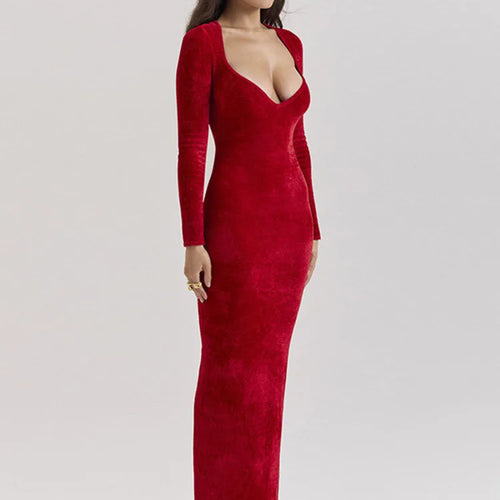 Load image into Gallery viewer, Velvet Long Sleeve Sexy Maxi Dress For Women Elegant V Neck Back Slit Bodycon Sexy Club Party Dress Clubwear Dresses
