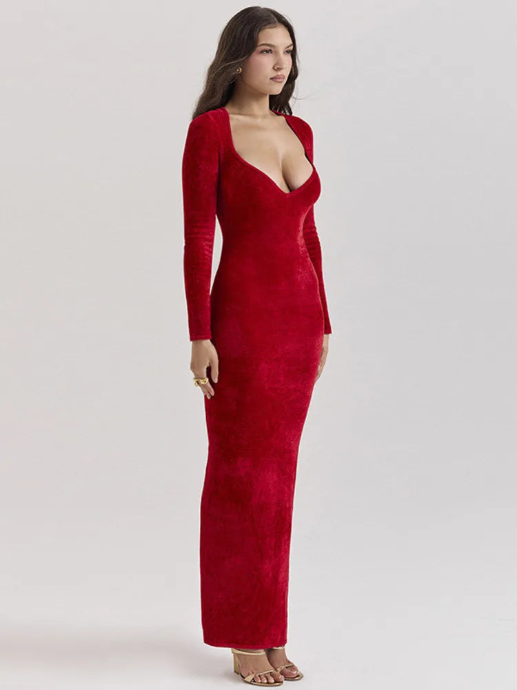 Velvet Long Sleeve Sexy Maxi Dress For Women Elegant V Neck Back Slit Bodycon Sexy Club Party Dress Clubwear Dresses