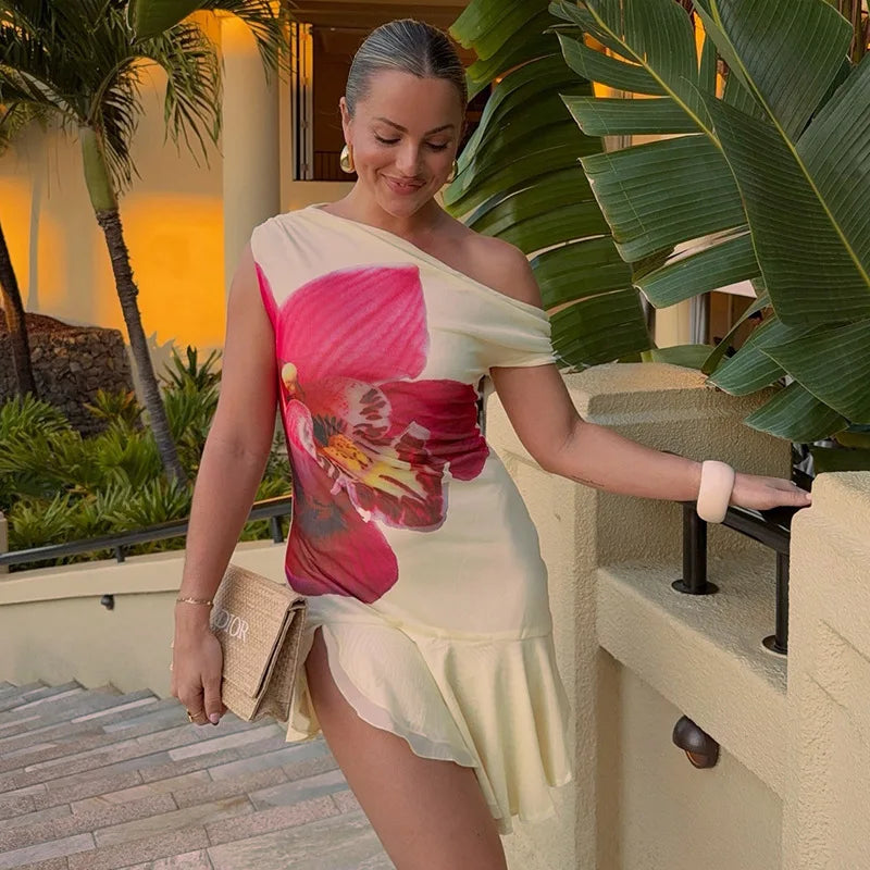 Skew Collar Ruffled Print Sexy Mini Dress For Women Off-shoulder Sleeveless Backless High Waist Printed Dress Vestido