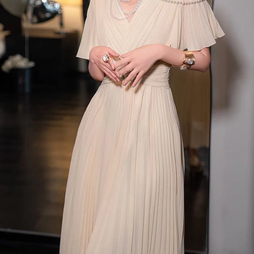 Load image into Gallery viewer, Solid Spliced Folds Slimming Dresses For Women V Neck Short Sleeve High Waist Temperament Long Dress Female Fashion
