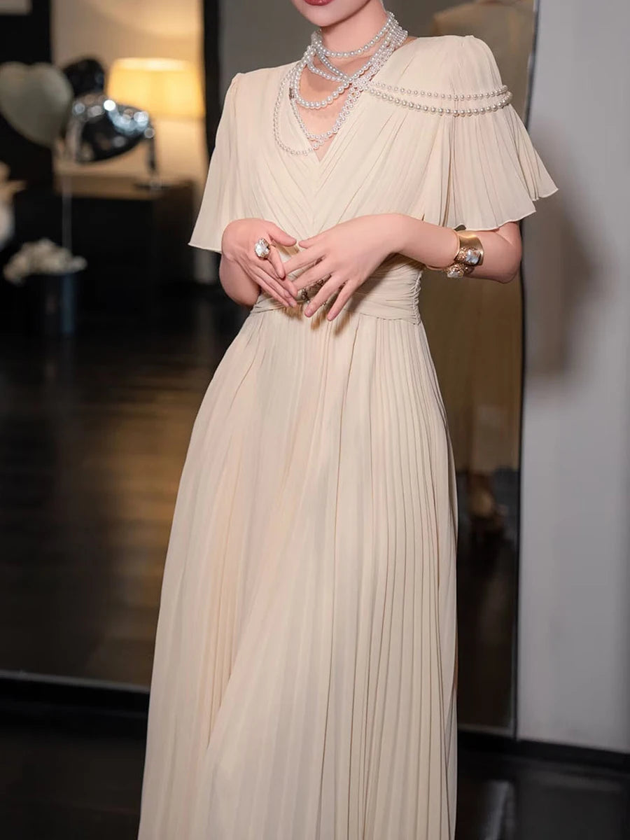 Solid Spliced Folds Slimming Dresses For Women V Neck Short Sleeve High Waist Temperament Long Dress Female Fashion