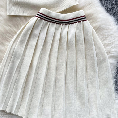 Load image into Gallery viewer, Summer Beige Stripe Short Sleeve Button Knitted Tops + High Waist Pleated Mini Skirt Women College Style Sexy Two-piece Set Chic
