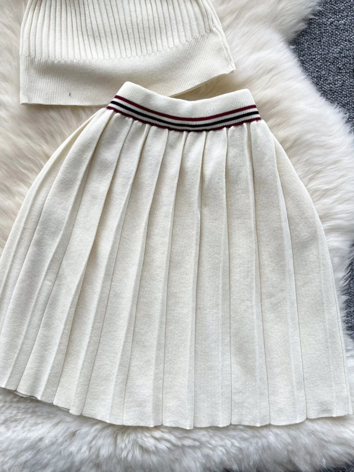 Summer Beige Stripe Short Sleeve Button Knitted Tops + High Waist Pleated Mini Skirt Women College Style Sexy Two-piece Set Chic