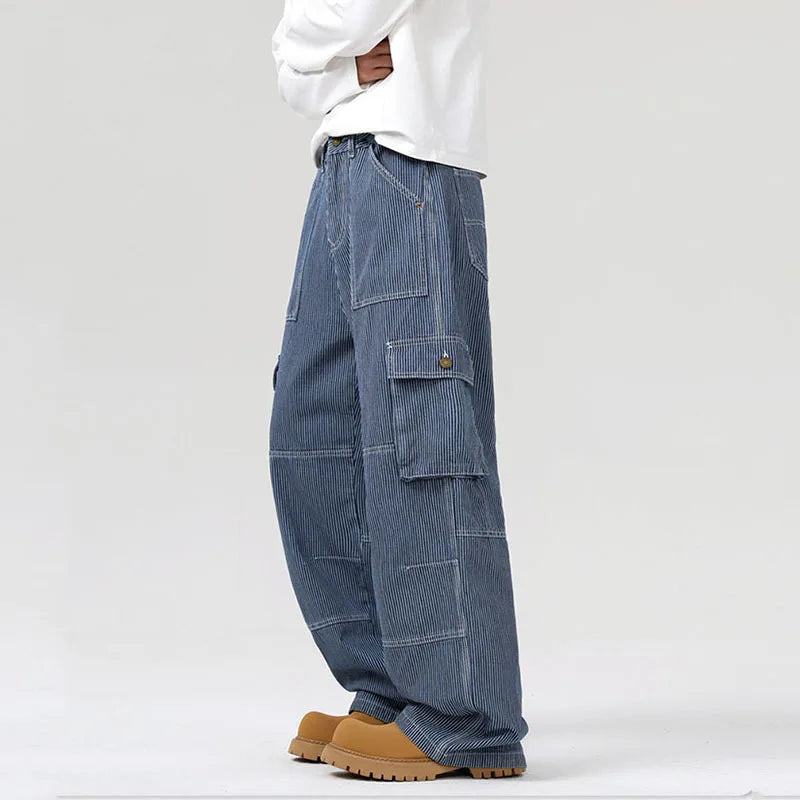 Striped Men's Denim Pants New American Straight Denim Pants Hign Street Multi Pockets Desgin Spliced Retro Trousers 9W1557