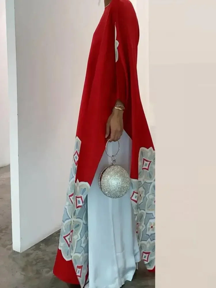 Spring Summer Printed Evening Party Dresses Vintage Elegant Long Sleeves Loose Muslim Robe Dress for Women