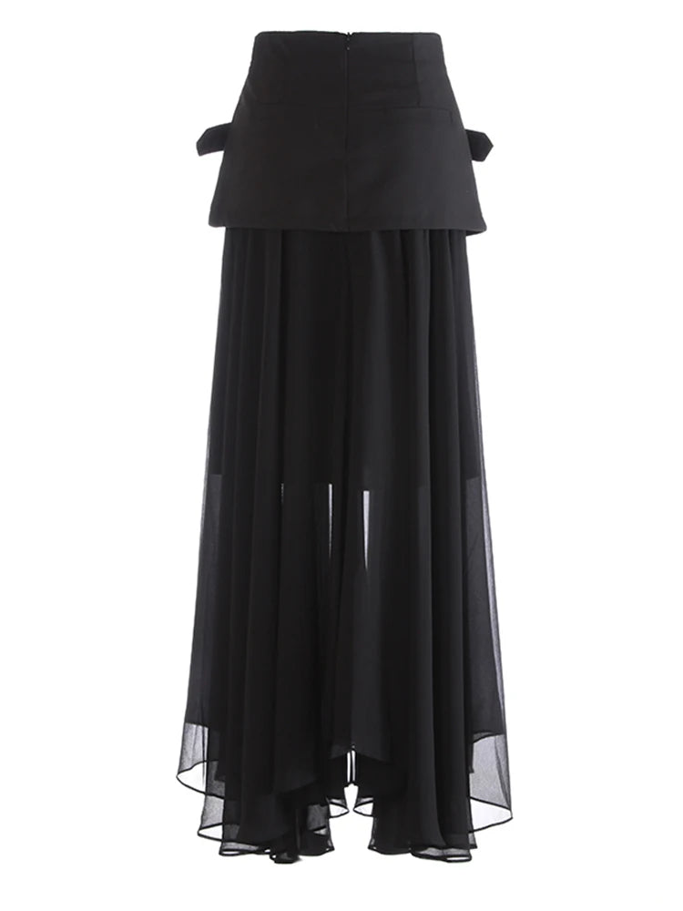 High Waist Black Buckle Cross Mesh Spliced A-line Half-body Skirt Women Fashion Tide New Spring Autumn 2025 1DJ1261