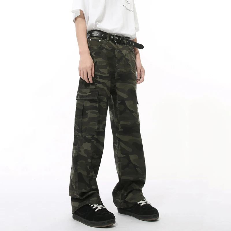 American Syle Men's Denim Pants Camouflage Big Pockets Vasual Washing Trousers Straight Wide Leg Loose Male Jeans 9C7508