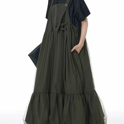 Load image into Gallery viewer, Women Green Mesh Spliced Big Size Bud Strap Dress New Square Collar Sleeveless Fashion Tide Spring Autumn 2025 1DJ1322
