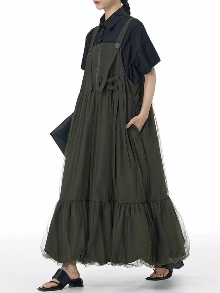 Women Green Mesh Spliced Big Size Bud Strap Dress New Square Collar Sleeveless Fashion Tide Spring Autumn 2025 1DJ1322