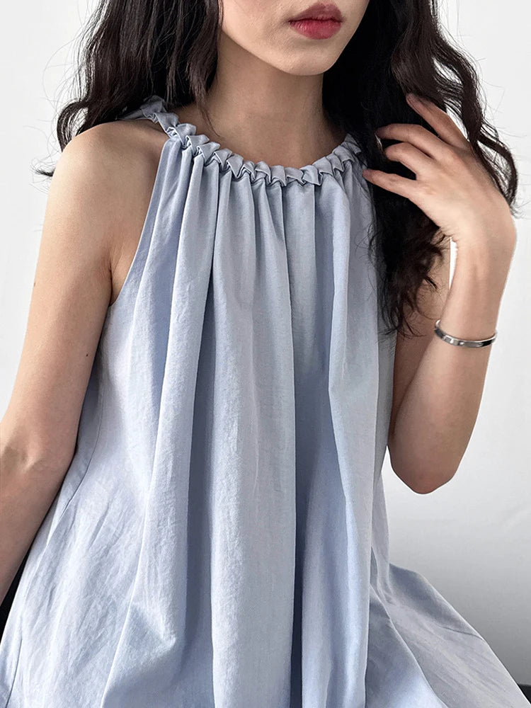 Women White Blue Knot Elegant Big Size Long Vest Dress New Halter Sleeveless Fashion Tide Spring Summer 2025 1DJ1282