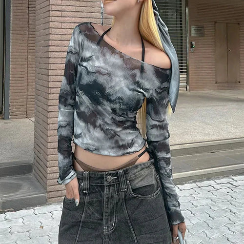 Load image into Gallery viewer, Abstract Black Printed Mesh Tshirts Women Autum 2024 Fashion Sexy Y2k See Through Long Sleeve Crop Tops P85-AG10
