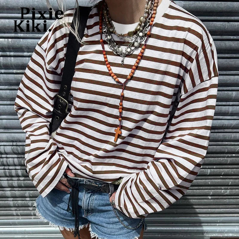 Brown Striped Long Sleeve Top 2000s Clothes Y2k Streetwear Retro Casual Loose T Shirts Women Fall 2024 P67-BG33