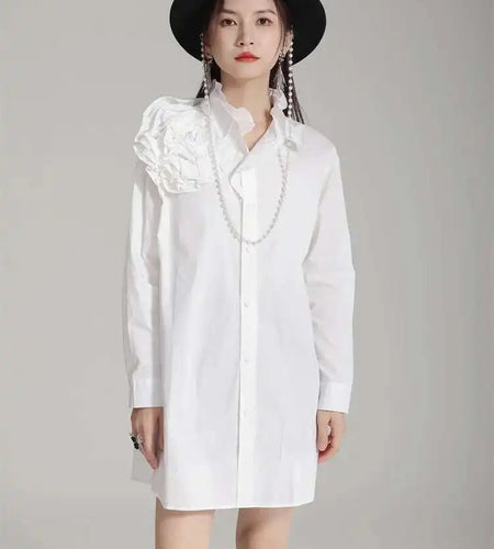 Women White Flower Big Size Long Blouse New Ruffles Collar Long Sleeve Shirt Fashion Tide Spring Autumn 2025 1DH4787