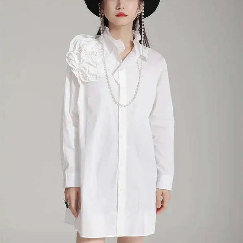 Load image into Gallery viewer, Women White Flower Big Size Long Blouse New Ruffles Collar Long Sleeve Shirt Fashion Tide Spring Autumn 2025 1DH4787
