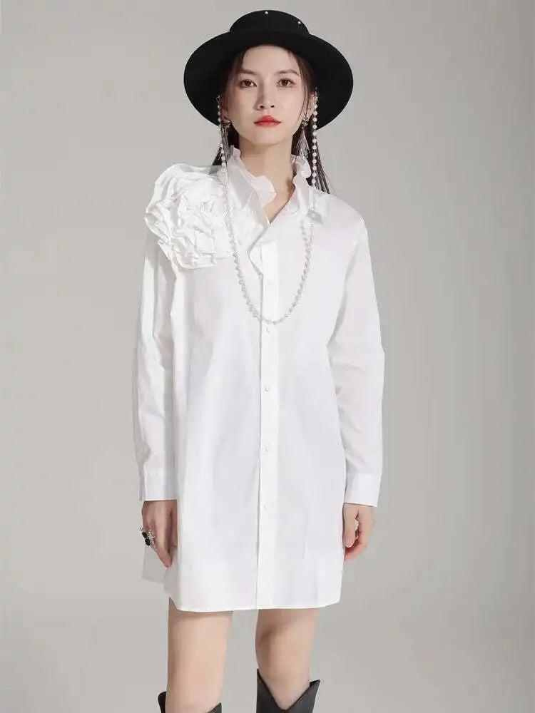 Women White Flower Big Size Long Blouse New Ruffles Collar Long Sleeve Shirt Fashion Tide Spring Autumn 2025 1DH4787