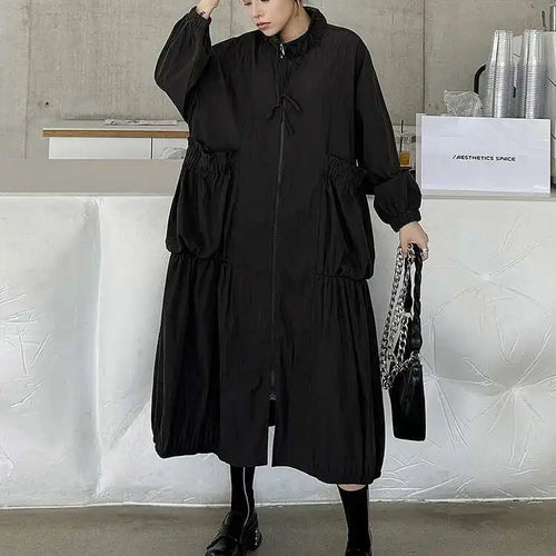 Load image into Gallery viewer, Women Khaki Pleated Big Size Casual Midi Dress New Stand Collar Long Sleeve Fashion Tide Spring Autumn 2025 1DH6824
