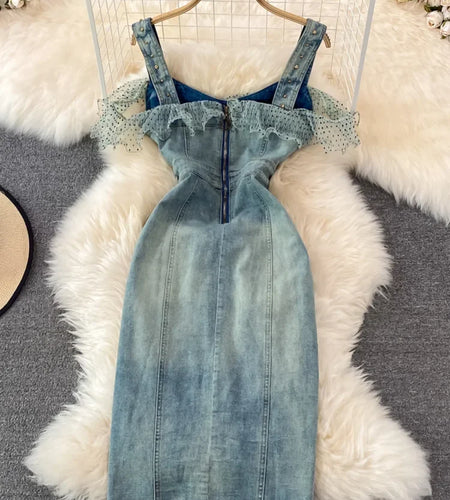 Denim Dress Sexy Style New Arrival Ins Strap Waist Mesh Polka Dot Ruffles Stitching Female Bodycon Midi Dresses Female Vestidos
