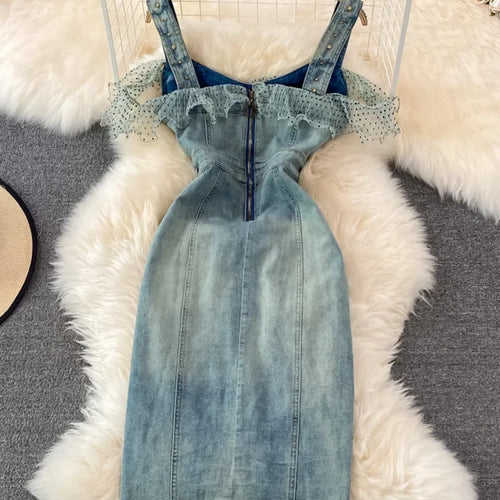 Load image into Gallery viewer, Denim Dress Sexy Style New Arrival Ins Strap Waist Mesh Polka Dot Ruffles Stitching Female Bodycon Midi Dresses Female Vestidos
