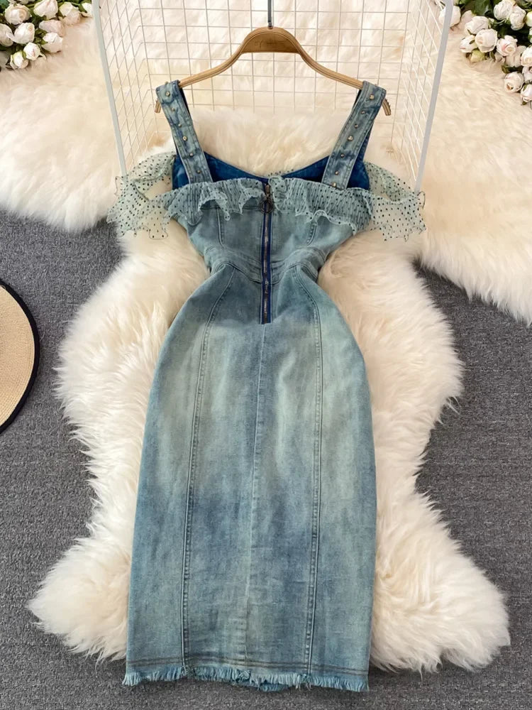 Denim Dress Sexy Style New Arrival Ins Strap Waist Mesh Polka Dot Ruffles Stitching Female Bodycon Midi Dresses Female Vestidos