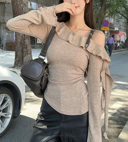 y2k Top Women Fairycore Grunge Clothes Ruffle Slash Neck One Shoulder Long Sleeve T Shirt 2000s Clothing Streetwear