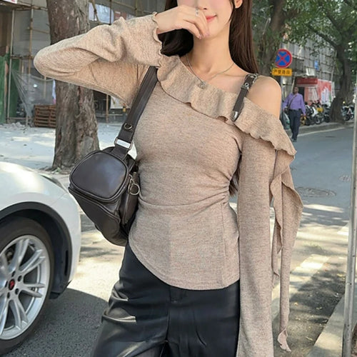 Load image into Gallery viewer, y2k Top Women Fairycore Grunge Clothes Ruffle Slash Neck One Shoulder Long Sleeve T Shirt 2000s Clothing Streetwear
