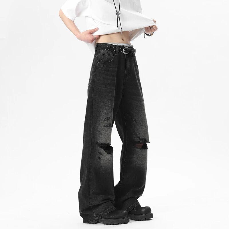 Men's Jeans New Summer American Style Hole Design Distressed Cat Beard Trendy Gradient Color Male Casual Trousers 9W1806