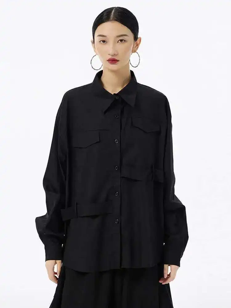 Women White False Pocket Big Size Casual Blouse New Lapel Long Sleeve Shirt Fashion Tide Spring Autumn 2025 1DH6683