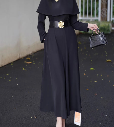 Solid Slimming Spliced Belt Temperament Dresses for Women Round Neck Long Sleeves Dress Female Fashion Clothing New