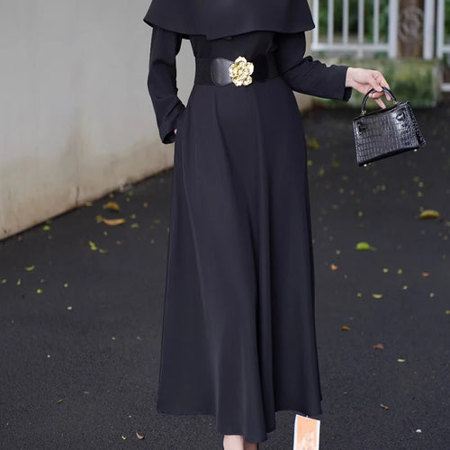 Load image into Gallery viewer, Solid Slimming Spliced Belt Temperament Dresses for Women Round Neck Long Sleeves Dress Female Fashion Clothing New
