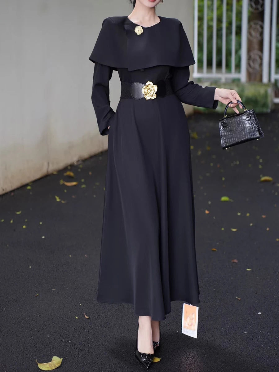 Solid Slimming Spliced Belt Temperament Dresses for Women Round Neck Long Sleeves Dress Female Fashion Clothing New