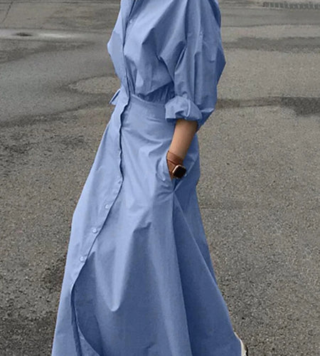 Women Summer Long Dresses 2025 Spring Fall Clothes Blue Puff Sleeves Botton Simple Casual Maxi Shirts Dresses for Women