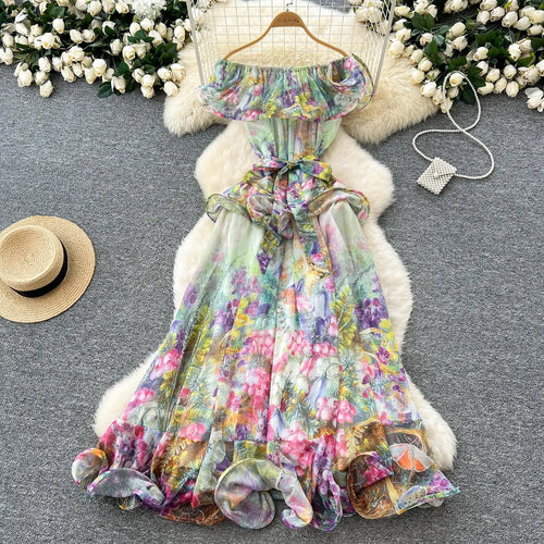 Load image into Gallery viewer, French Retro Women's Pink Green Print Elegant Off Shoulder Princess Dresses Spring Slim Lace-up Ruffles Evening Party Dress Boho
