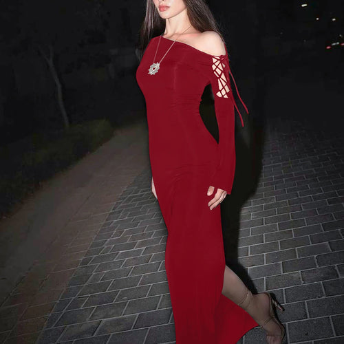 Load image into Gallery viewer, Elegant Solid Long Sleeve Hollow Out Bandage Irregular Slit Sexy Maxi Dress Winter Women Clothes Birthday Evening Party
