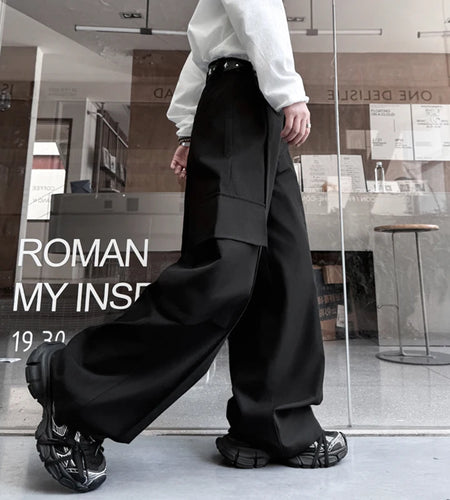 American Men's Cargo Pants Loose Straight Wide Leg Trendy Solid Color Multi Pockets Stylish Male Bottoms Summer 9W2013