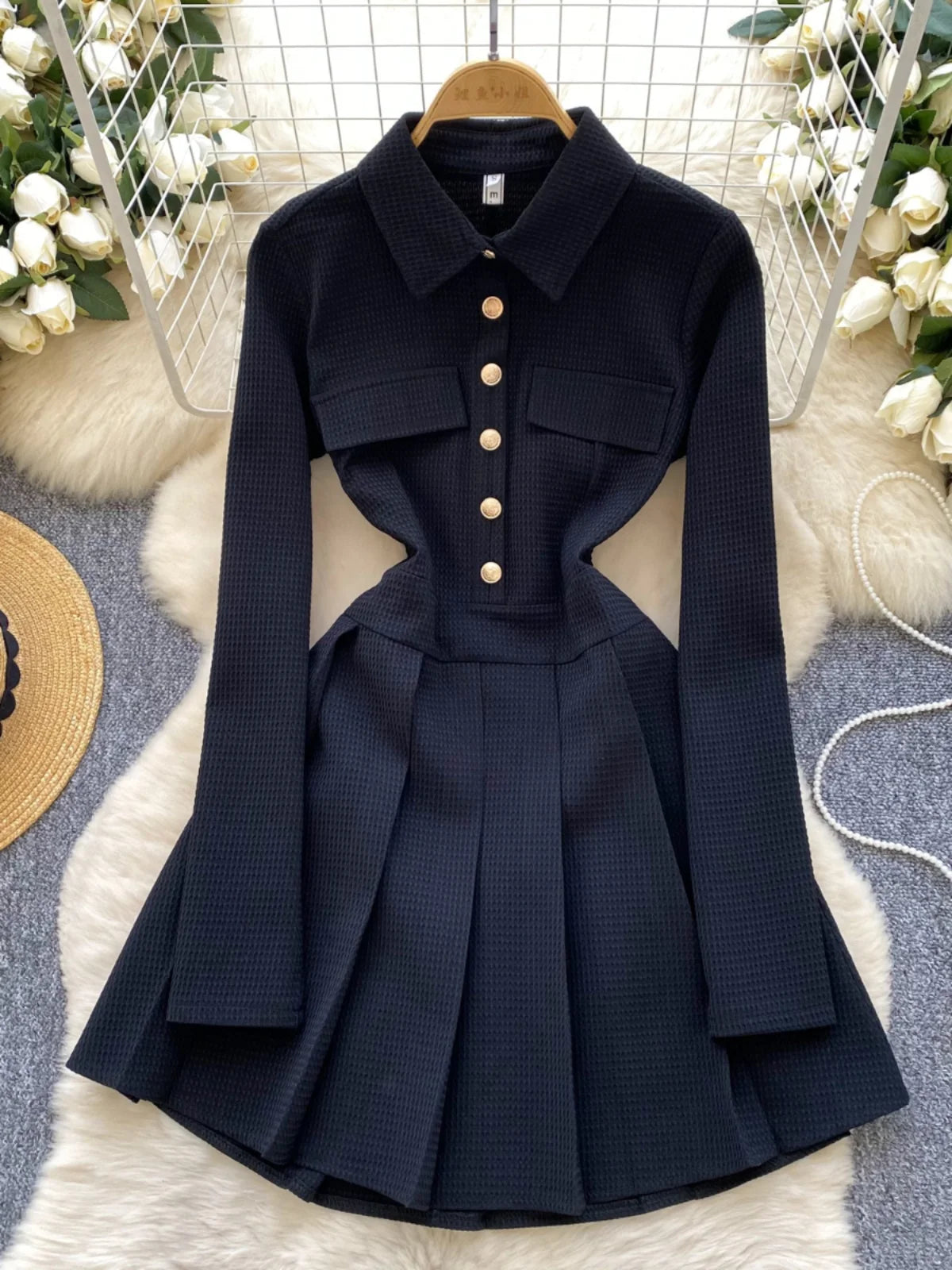Spring Autumn 2025 New Women Fashion Black White Elegant Long Sleeved Short Dress Vintage Pink Single Breasted Party Dress Trend
