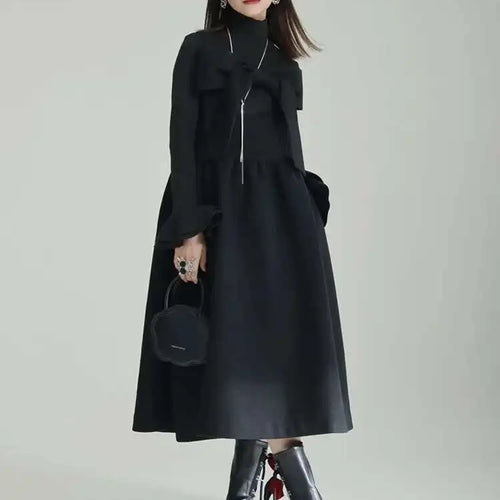 Load image into Gallery viewer, Women Gray Bow Bandage Spliced Long Elegant Woolen Dress New Sleeveless Loose Fit Fashion Tide Autumn Winter 2025 1DF3527
