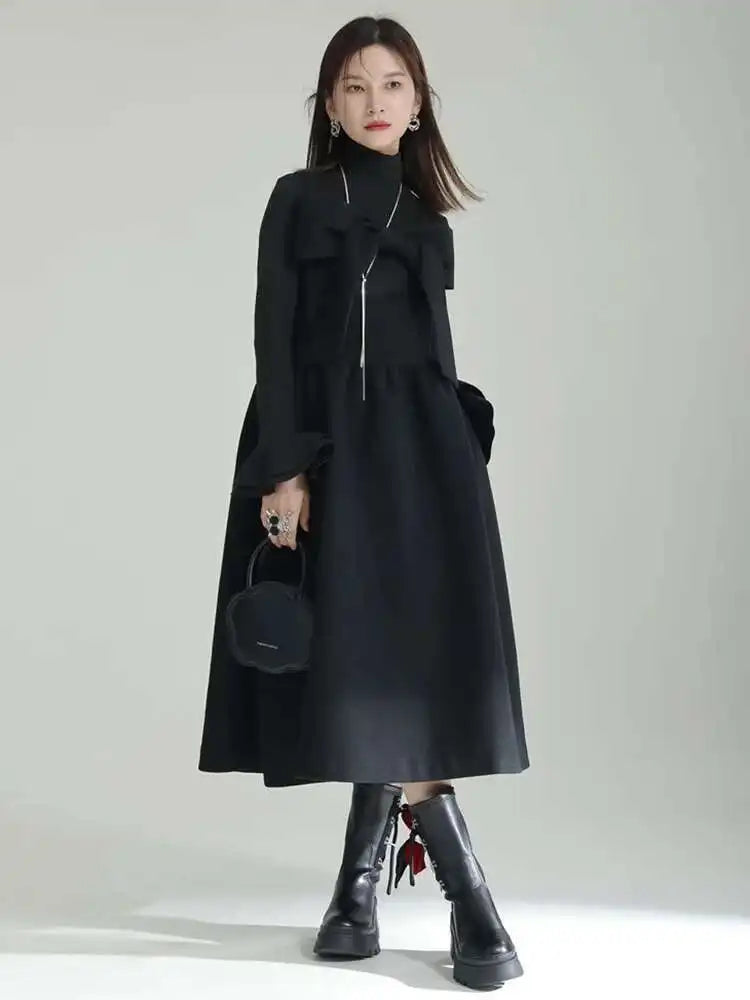 Women Gray Bow Bandage Spliced Long Elegant Woolen Dress New Sleeveless Loose Fit Fashion Tide Autumn Winter 2025 1DF3527