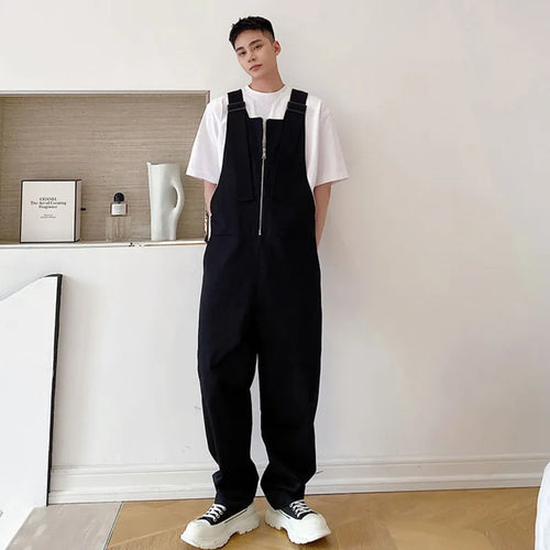 Load image into Gallery viewer, Autumn Male Overalls Solid Color Straight Loose Denim Jumpsuit Men&#39;s Zipper Personalized Streetwear Cargo Pants 9A6587
