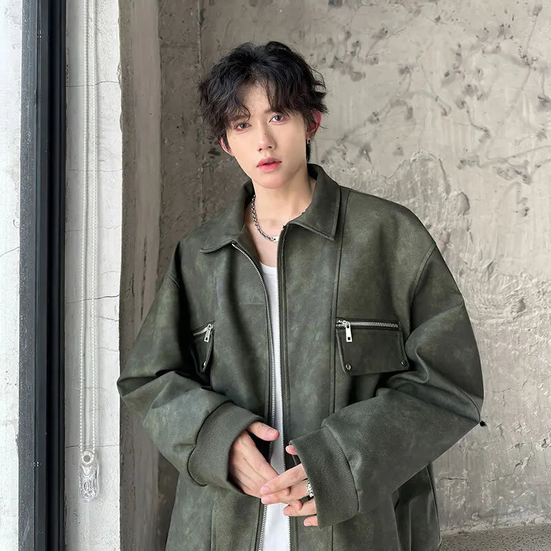 Trendy Lapel Men PU Leather Jakcets Multi-zipper Loosen Niche Design Male Lapel Casual Jacket 2024 Winter 9C9029