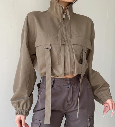 Streetwear Cargo Style Autumn Jacket Female Turtleneck Stitched Big Pockets Buckle Zip Up Coat Cropped Outwear Retro