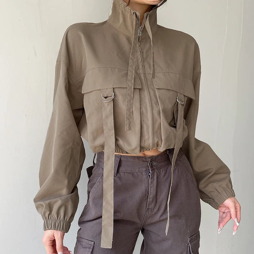 Load image into Gallery viewer, Streetwear Cargo Style Autumn Jacket Female Turtleneck Stitched Big Pockets Buckle Zip Up Coat Cropped Outwear Retro
